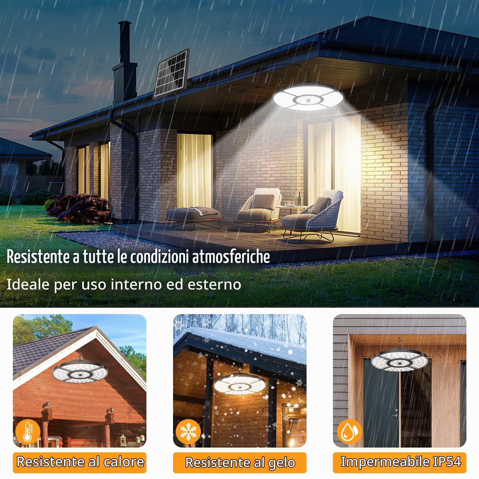 MEIKEE Luce Solare con Sensore di Movimento, Lampade LED Solare Sospensione con Telecomando, Impermeabile IP65, Luce Calda Fredda Regolabile, 6 Luminosità, Cavo da 5m, per Casa, Gazebo, Garage