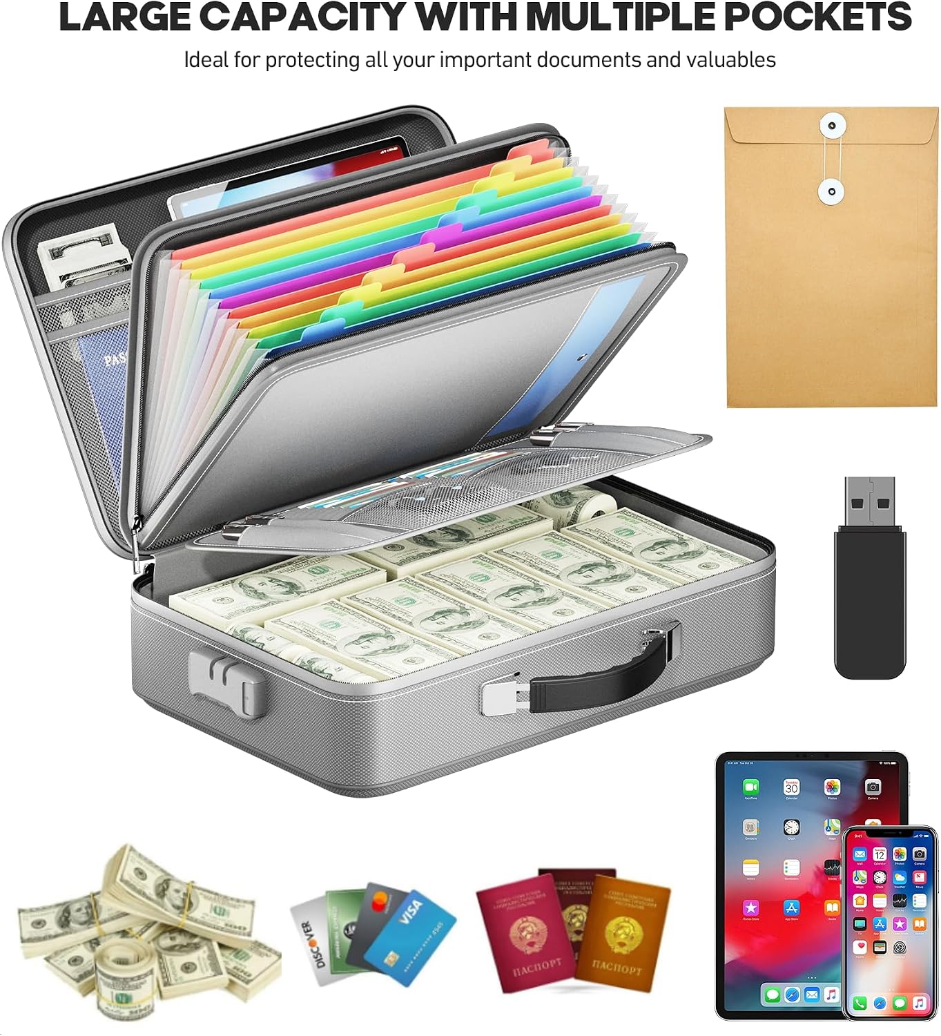 Fireproof Document Box, Hard Case Highly Flame-Resistant Fire Proof Waterproof File Organizer with Lock, Portable Fire Safe for Important Documents & Valuables Storage (Gray, ‎16"*12"*5")