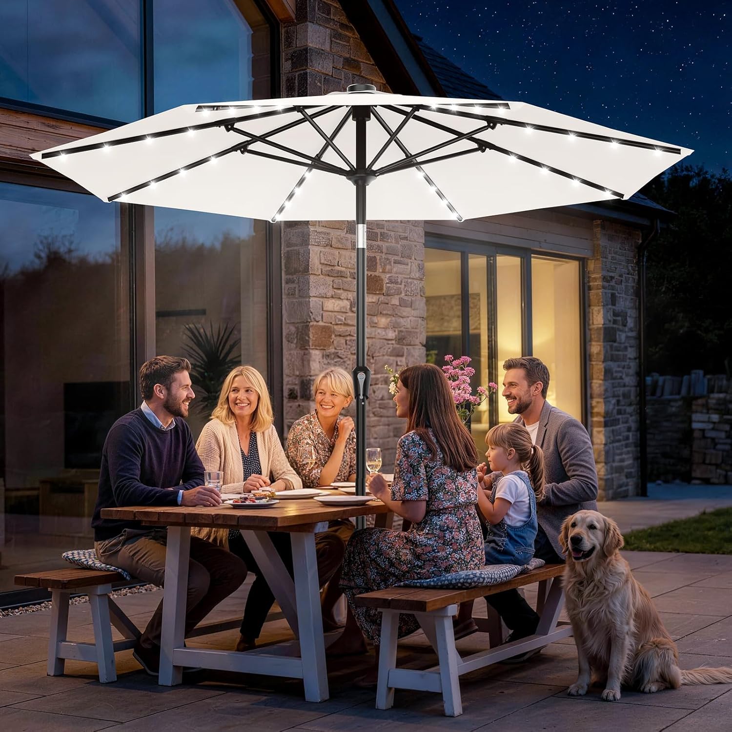 AreShark 9FT Patio Umbrella with Solar Lights, 32 Lighted Pool Umbrella w/Tilt and Crank, Outdoor Market Solar Umbrellas for Garden, Deck, Backyard, Pool and Beach, Cream-White