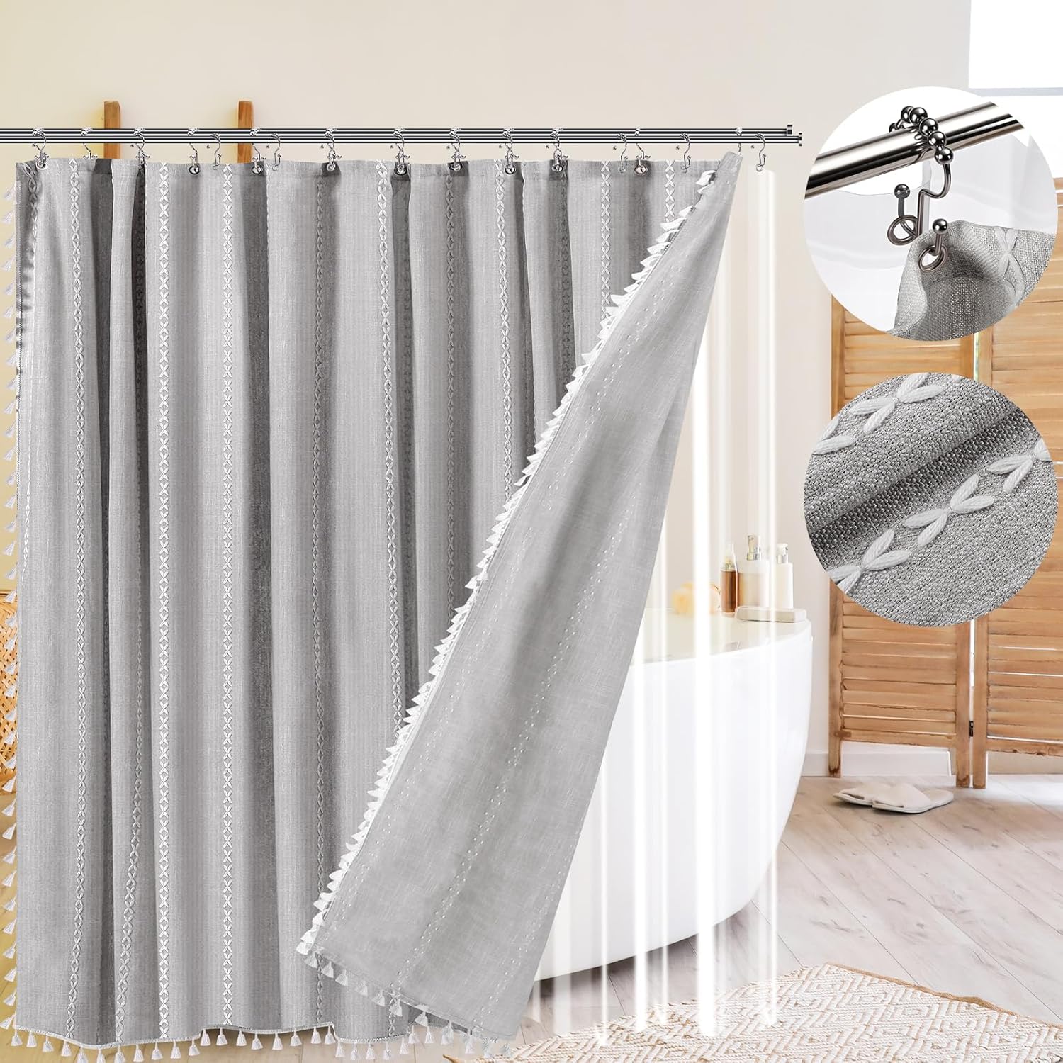 Boho Linen Farmhouse Shower Curtain and Clear Curtains Liner Set 3 in 1 Heavy Duty Textured Waterproof Curtains with 12 Double Sided Hooks Tassel for Bathroom(Taupe)