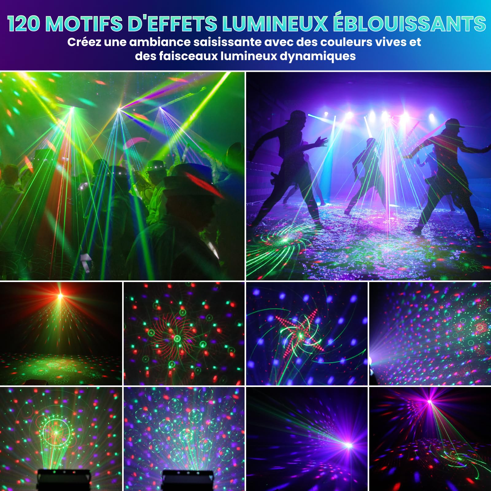 Lampe de Scène avec Télécommande, Rotative Boule Disco avec Stroboscope et Laser, Lumière Disco 120 Effets Lumineux RGB, Jeux de Lumière DJ, Lumiere Soirée Laser DJ pour Fête Noël Halloween
