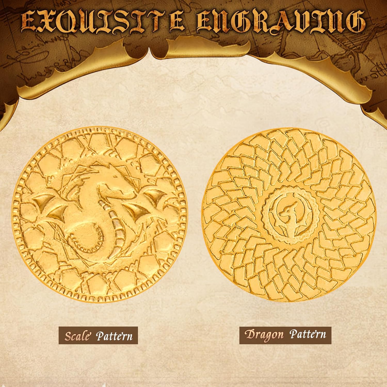 Byhoo 50 PCS DND Fantasy Metal Gold Coins & PU Leather Pouch for Dungeons & Dragons Novelty Tabletop RPG Board Games Tokens Treasure Coins for Party Tabletop Games Accessories Addons Medieval Game