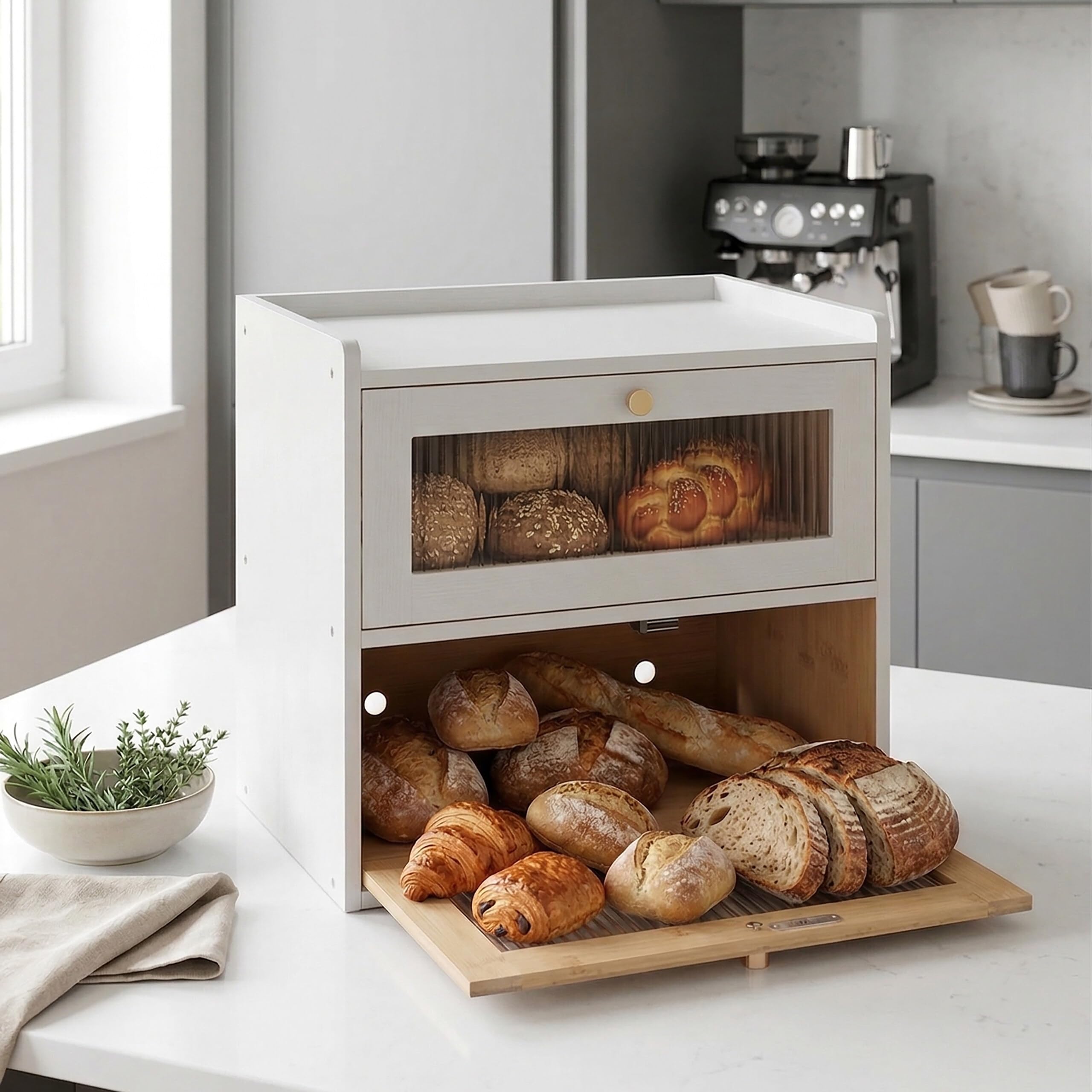 Relaxdays Portapane in bambù 2 Livelli, con finestrelle e sportelli a ribalta, 34 x 36,5 x 24 cm, Bianco