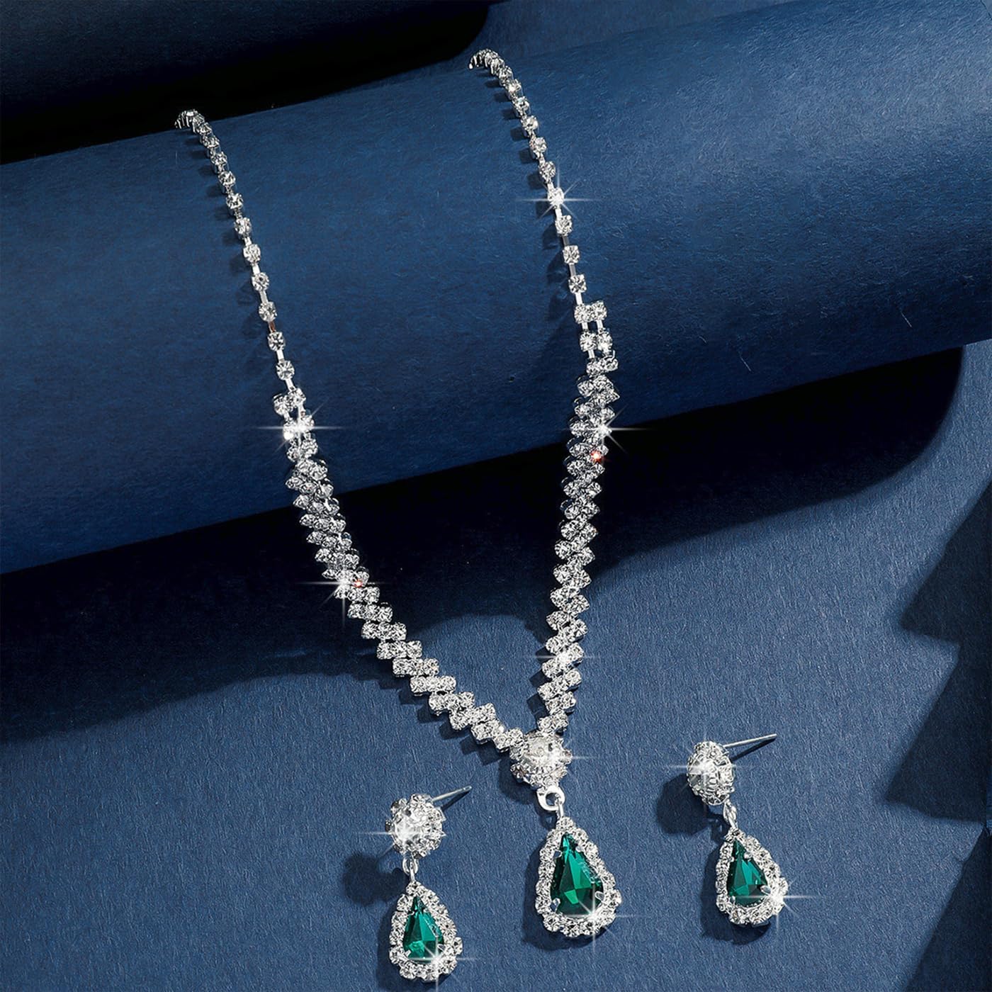 PLOUTOS Teardrop Crystal Necklace Earring Set for Women, Rhinestone V Pendant Drop Studs, Adjustable Chain, Clear/Pink/Blue Colors For Bridal Prom - Image 4