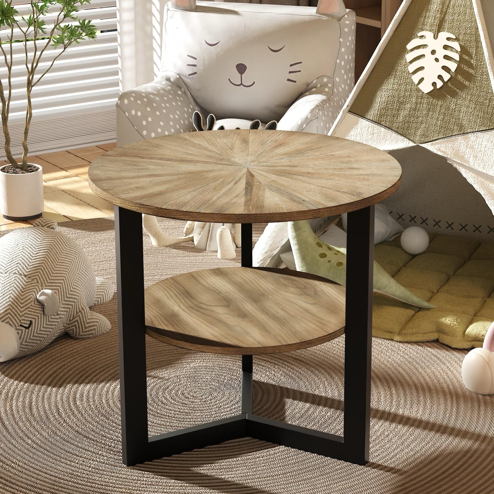 Round End Table with 2 tire Storage Shelf, Solid Wood Sofa Side Table with Metal Frame, Nightstand for Bedroom,Living Room,Small Space Rustic Brown