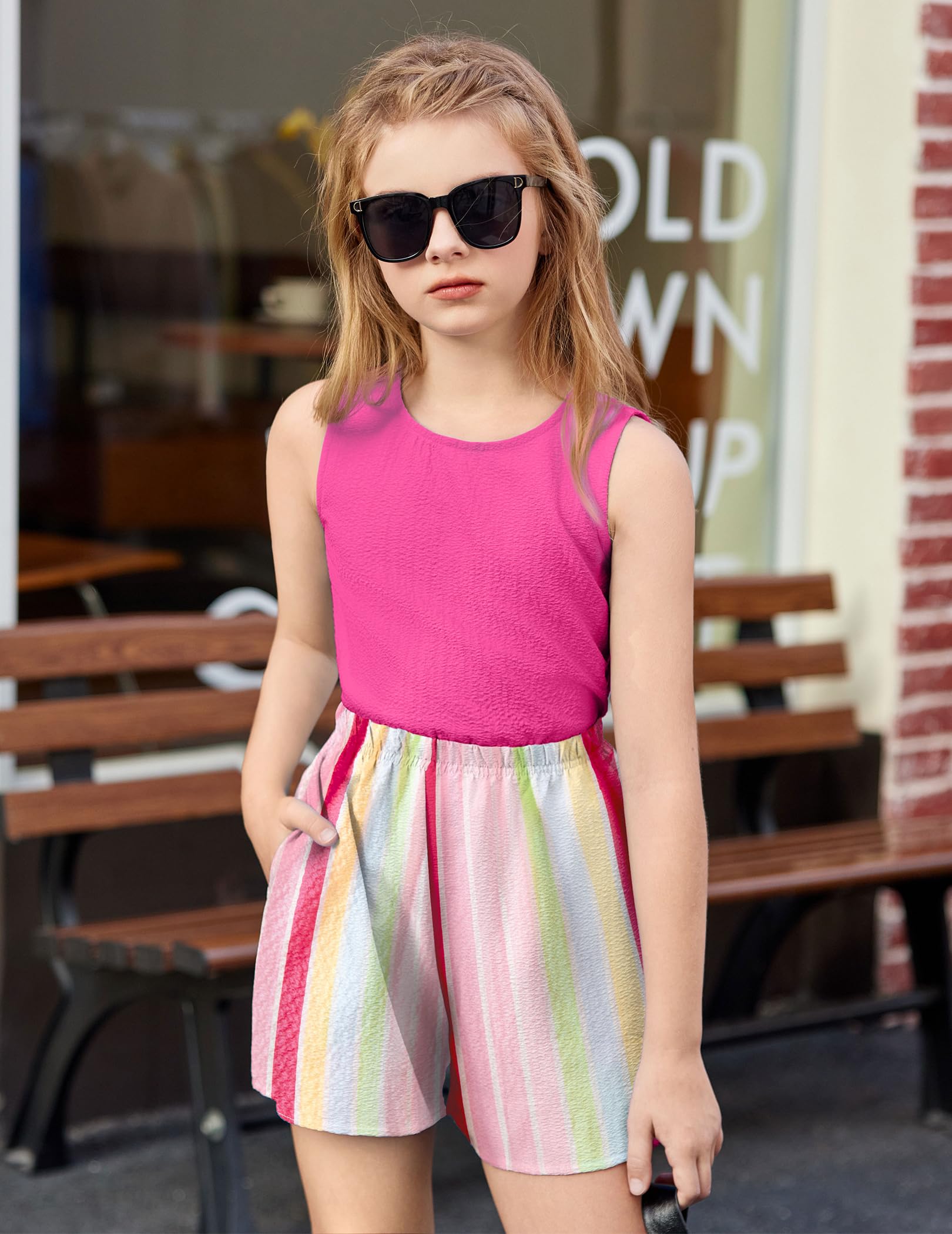 Arshiner Conjuntos de ropa de verano para niñas Conjuntos de camiseta sin mangas y pantalones cortos de moda de color liso Conjuntos de ropa de 2 piezas para niños Conjuntos de playa de 5 a 13 años