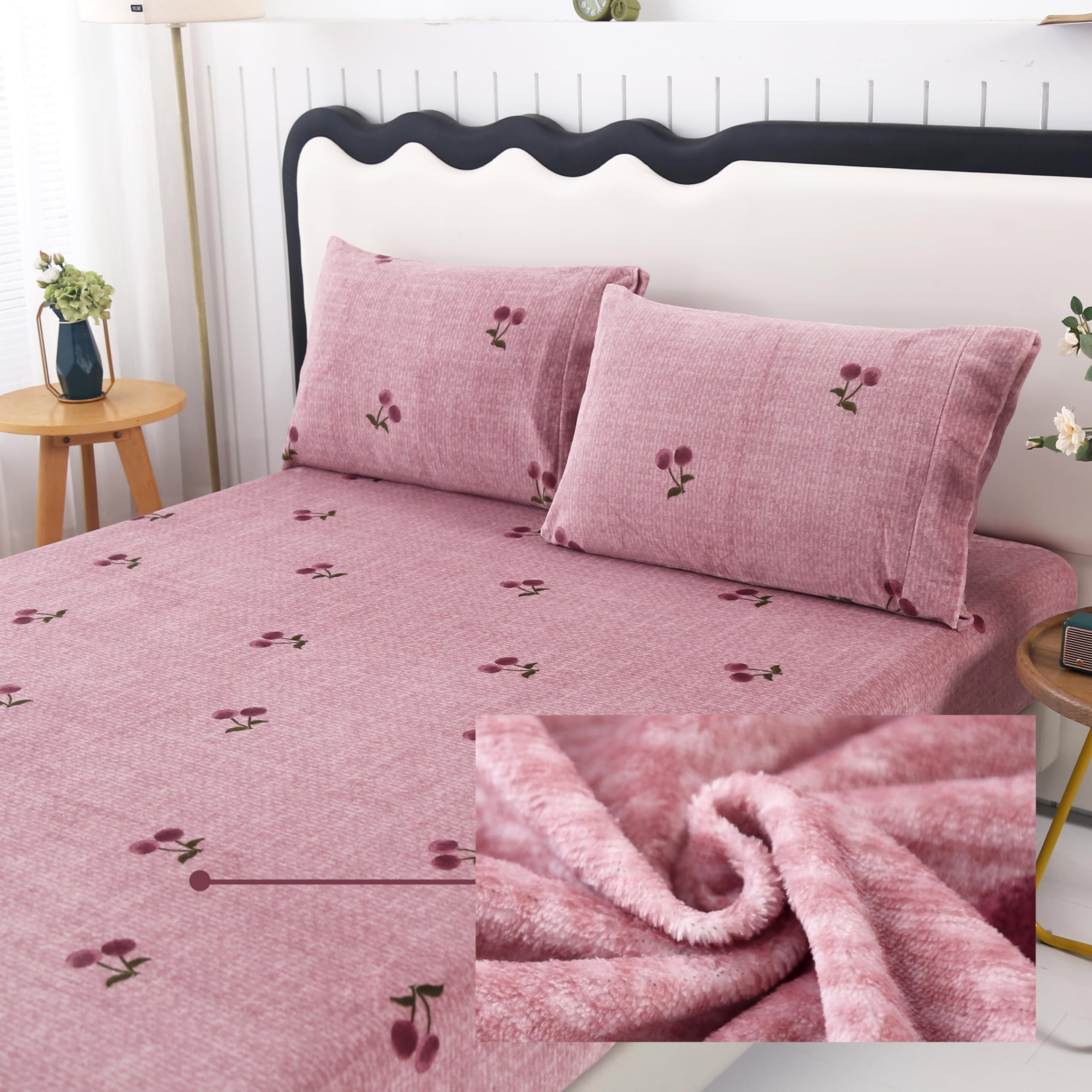Photo 1 of MAG Velvet Fleece Fitted Sheet Twin Pink Cherry Pattern