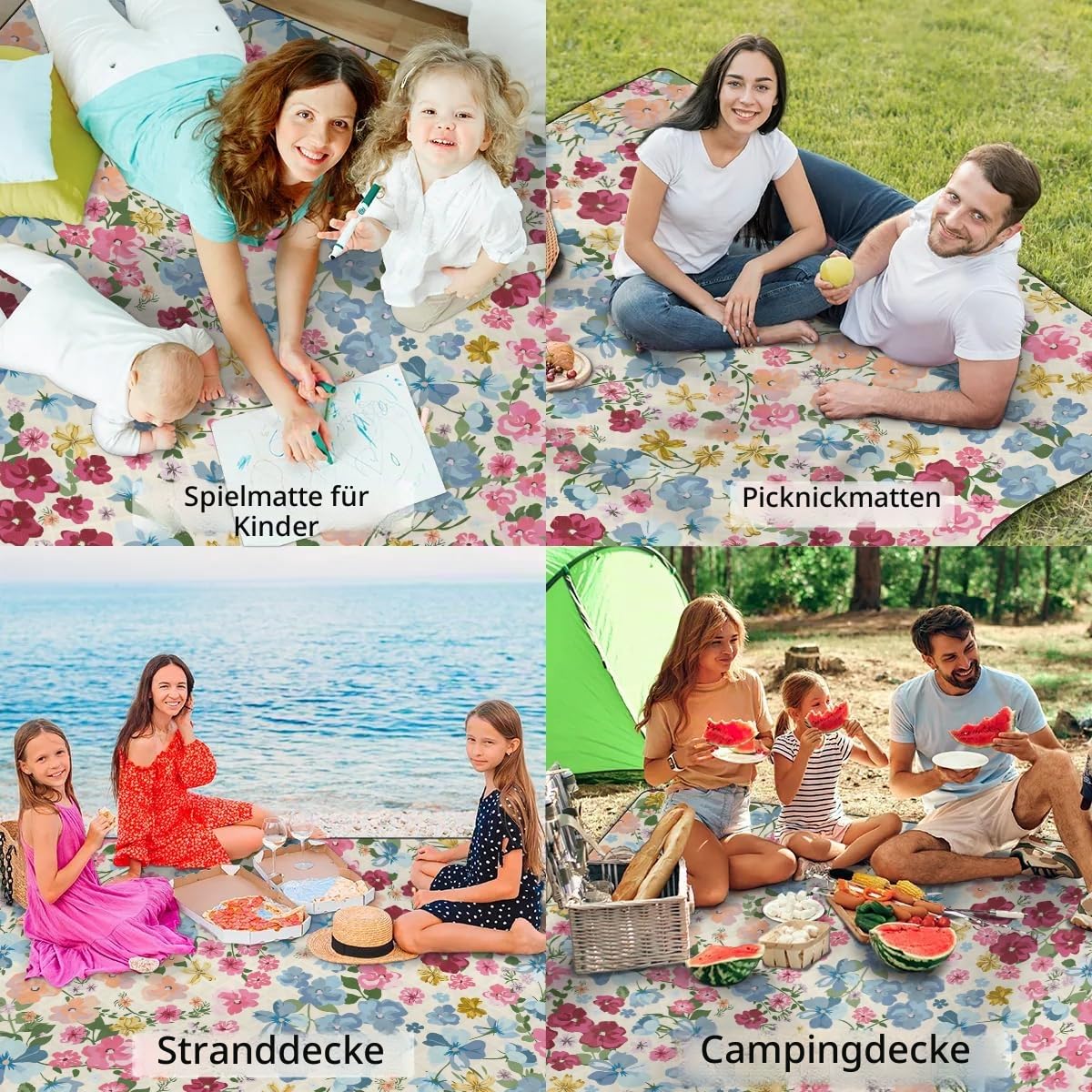 Picknickdecke mit Blumen, wasserdicht, sanddicht, faltbar, Stranddecke, 200,7 x 200,7 cm, extra groß, tragbar, waschbar, Outdoor-Matte für Camping, Park, Gras, Wandern, Reisen