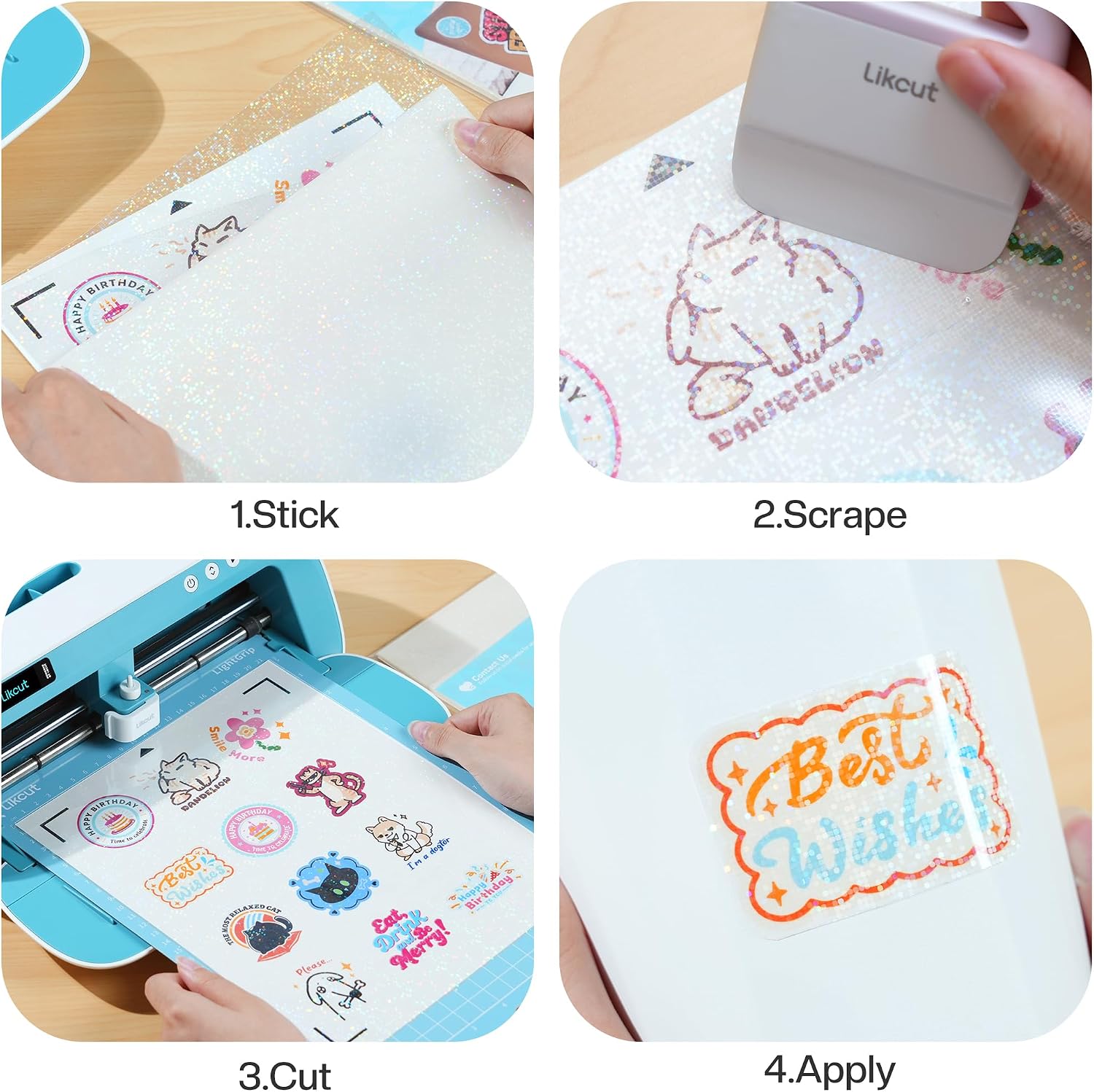 Likcut Laminating Sheets 8.5" × 11" - 20 Holographic+10 Transparent Laminate Sheets for DIY Stickers, Photos, School Projects, Home Crafts, Label Making, Small Business, No Machine Needed