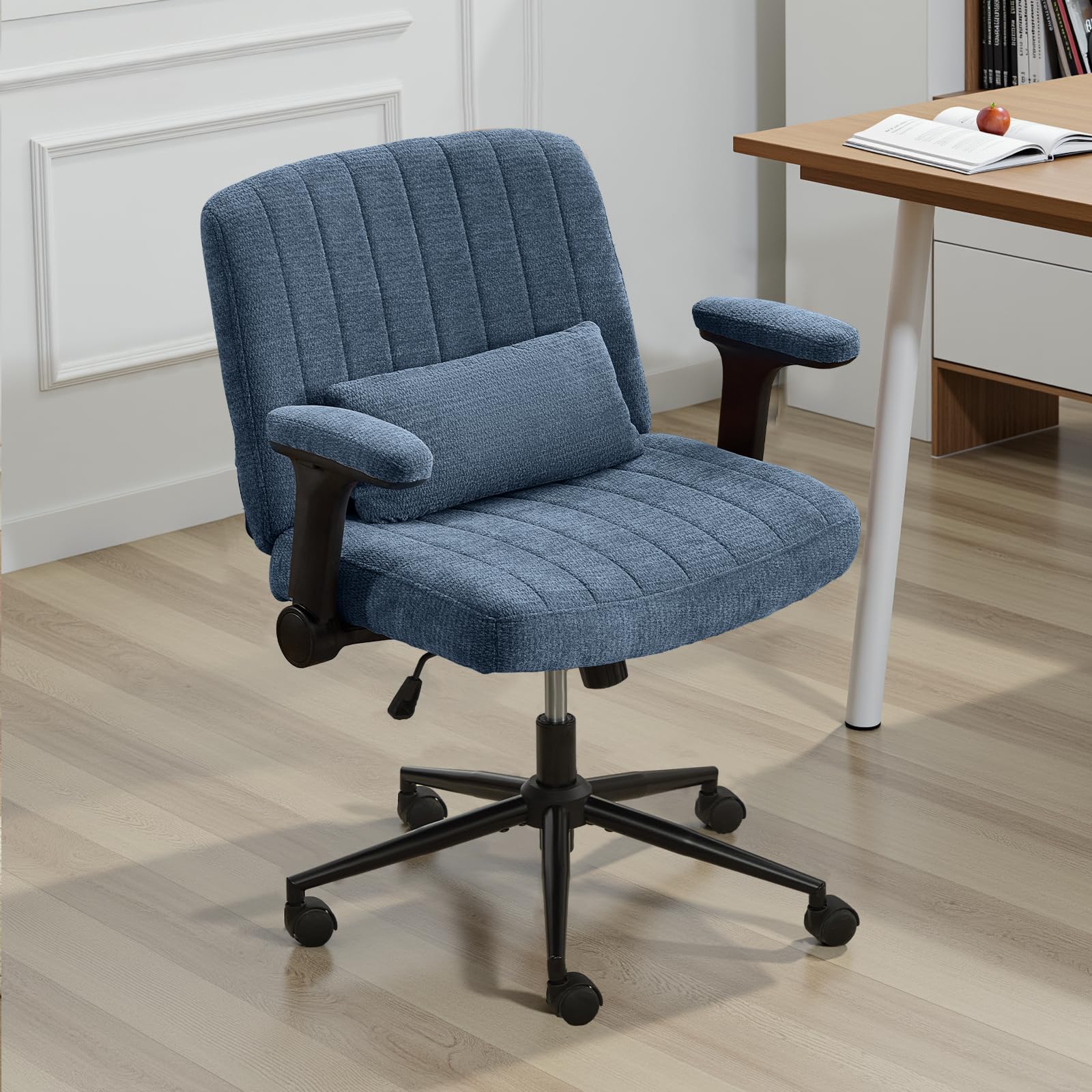 SITURAY Criss Cross Legged Chair with Flip-Up Arms, Comfy Rolling Office Desk Chair with Wheels, Wide Swivel Height Adjustable Mid Back Computer Task Vanity Chair (Chenille Fabric Blue)
