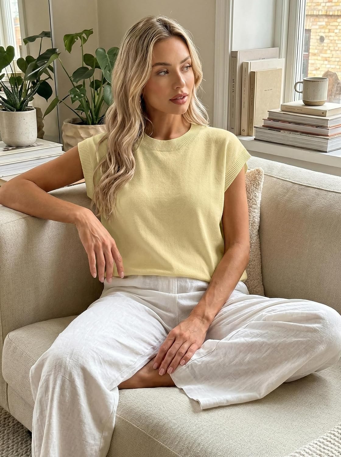 BLENCOT Womens Cap Sleeve Sweaters Summer Casual Short Sleeve Knit Tank Tops Loose Fit Crew Neck Pullover
