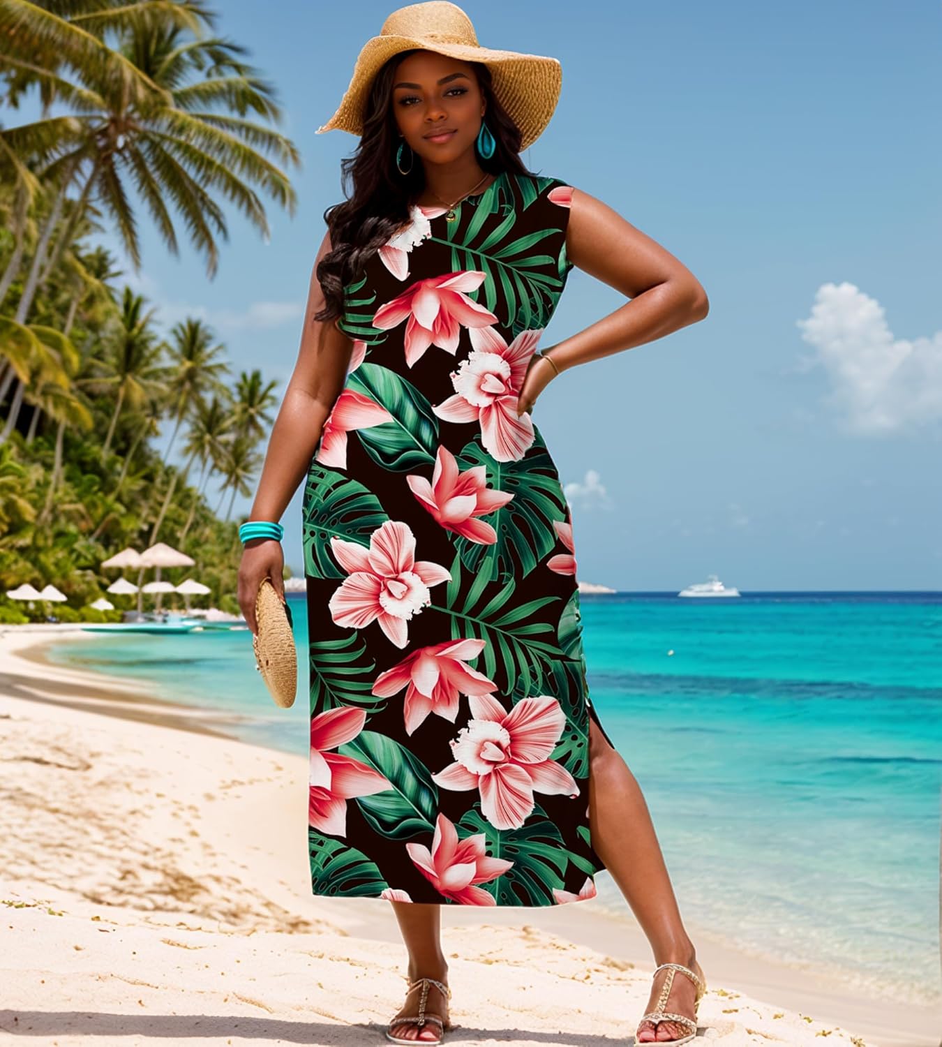 UOUA Women Summer Maxi Dresses Plus Size Casual Hawaiian Sundress Sleeveless Loose Split Beach Dress with Pockets - Image 2