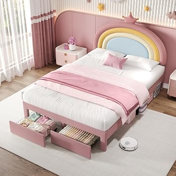 Su & Chan Legence Double Bed Frame with Storage, Upholstered Pink Bed with Adjustable Rainbow Crown Headboard, Soft Velvet Bed Frame with Slats, No Mattress, 135 x 190cm