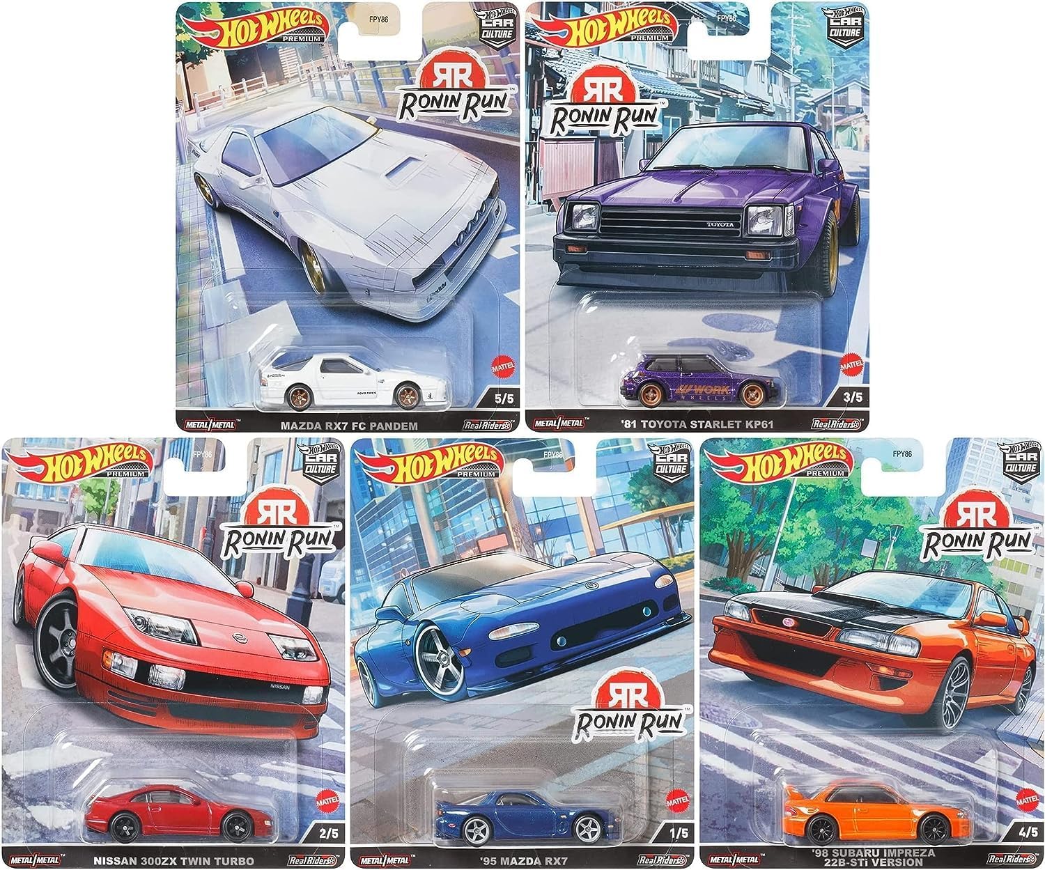 Hot Wheels Set of 5 Premium Car Cuture Ronin Run 1:64 Scale Collectible Die Cast Metal Toy Car Models