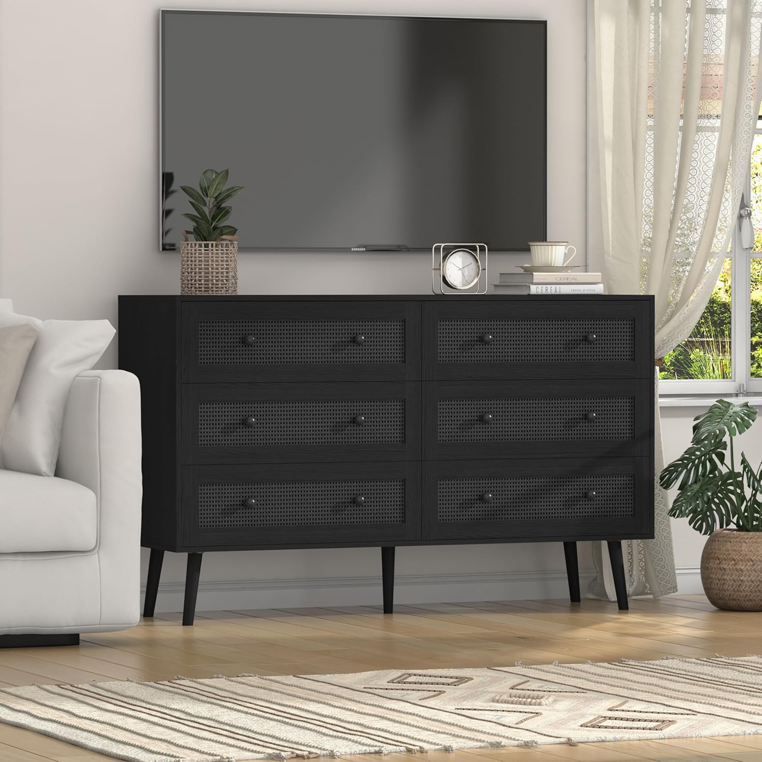 Rattan & Wooden 6-Drawer Dresser for Bedroom, Wide Chests of Drawers for Clothes Organizer, Closet Storage Dresser with Adjustable Legs, Farmhouse Boho TV Stand for Hallway