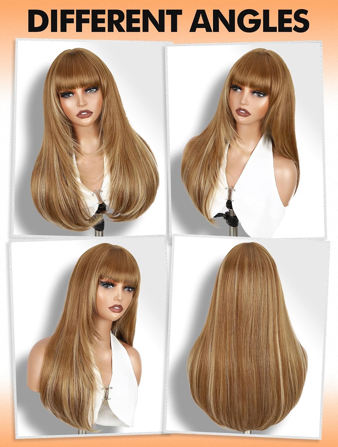 Long Layered Wig With Bangs Light Brown Mixed Blonde Wigs for Women Straight Layered Gluelesss Hairstyle Synthetic Heat Resistant for Daily Party Use (Highlight Brown Blonde, 26 inch）