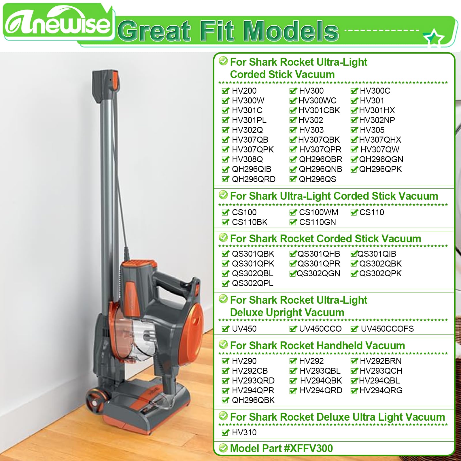 Anewise 4 Pack Filter Replacement for Shark Rocket HV301, HV302, HV30126, HV300, HV305, HV292, HV307Q, QS301Q, HV310, UV450 Ultralight Corded Stick Vacuum, Part #XFFV300, 4 Foam + Felt + Post Filters