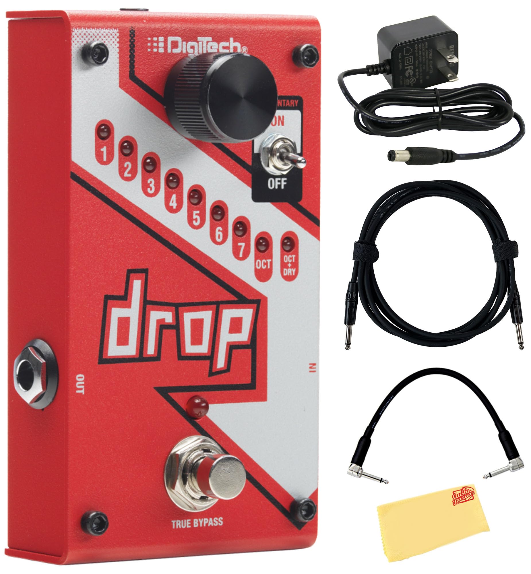 DigiTechDrop Polyphonic Tune Pedal Bundle with Power Supply, Guitar Cable, Patch Cable, and Austin Bazaar Polishing Cloth