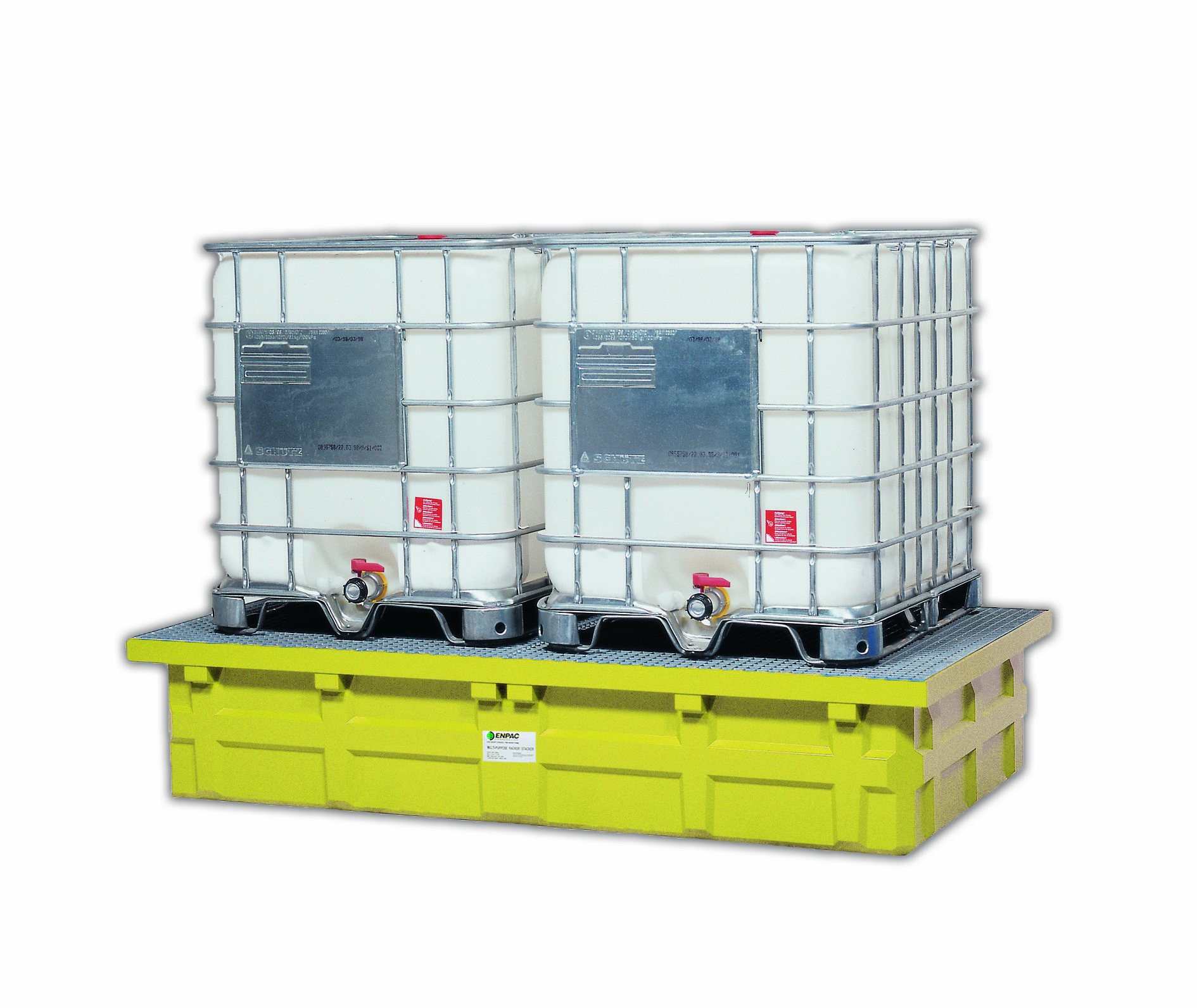 Enpac 5482-YE-D Polyethylene Double IBC Low Top with Drain, 385 Gallon Spill Capacity, 110
