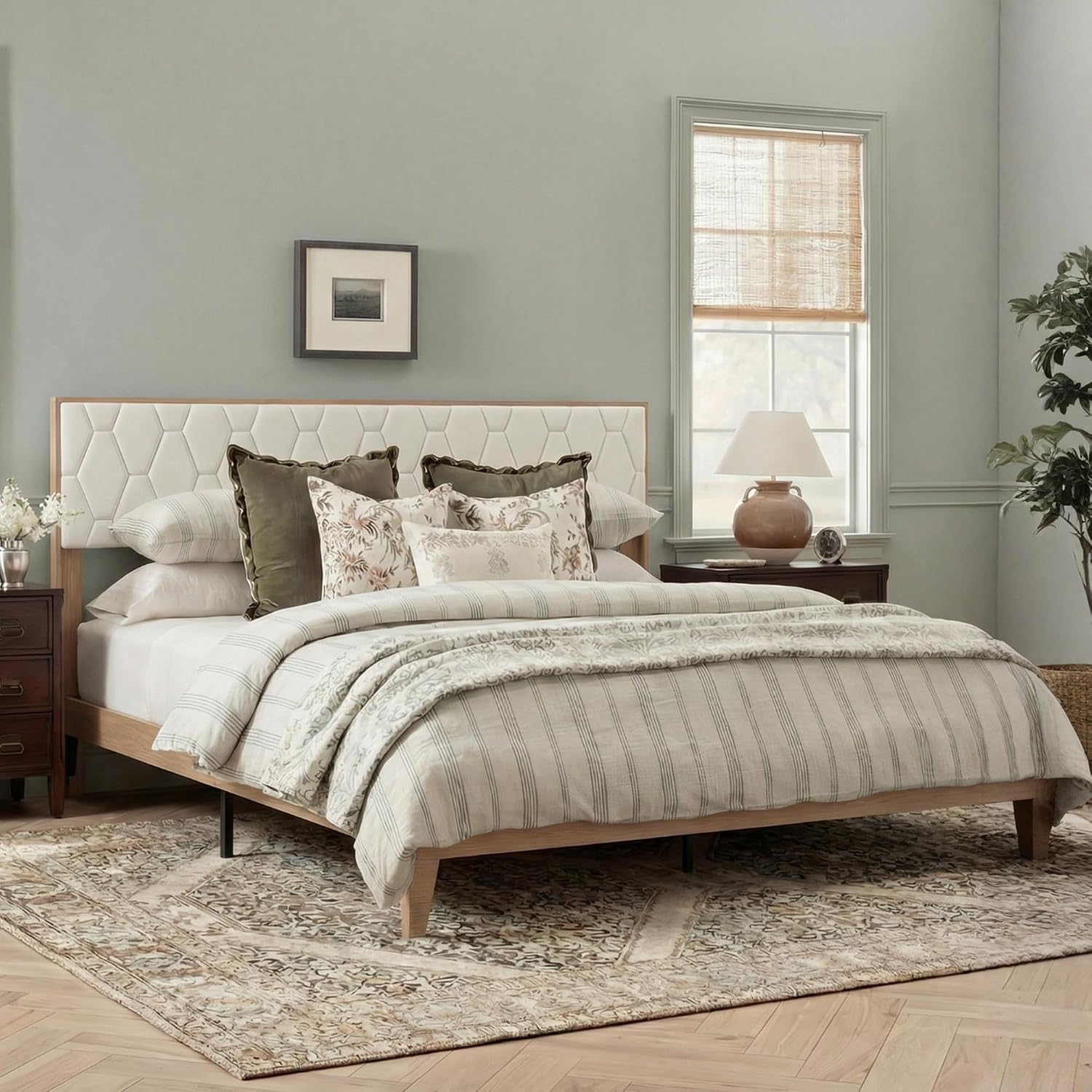 Brafab King Size Bed Frame, Wood Bed Frame with Diamond Tufted Velvet Headboard, Wood Platform Bed with Upholstered Headboard, No Box Spring Needed, Easy Assembly, Off-White