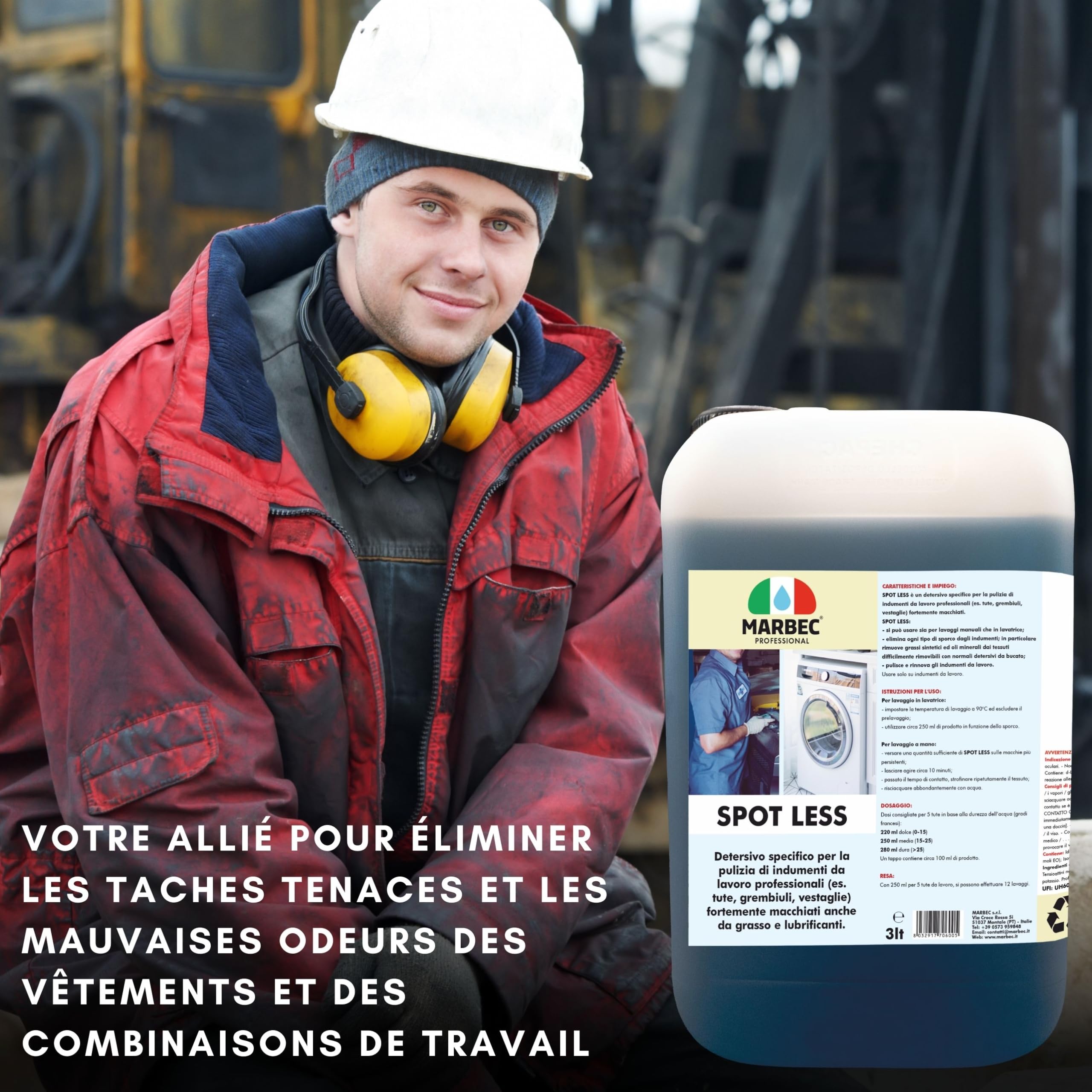 MARBEC SPOT LESS 3LT Détergent spécifique pour le nettoyage des vêtements de travail, en particulier ceux très souillés par la graisse et les lubrifiants.