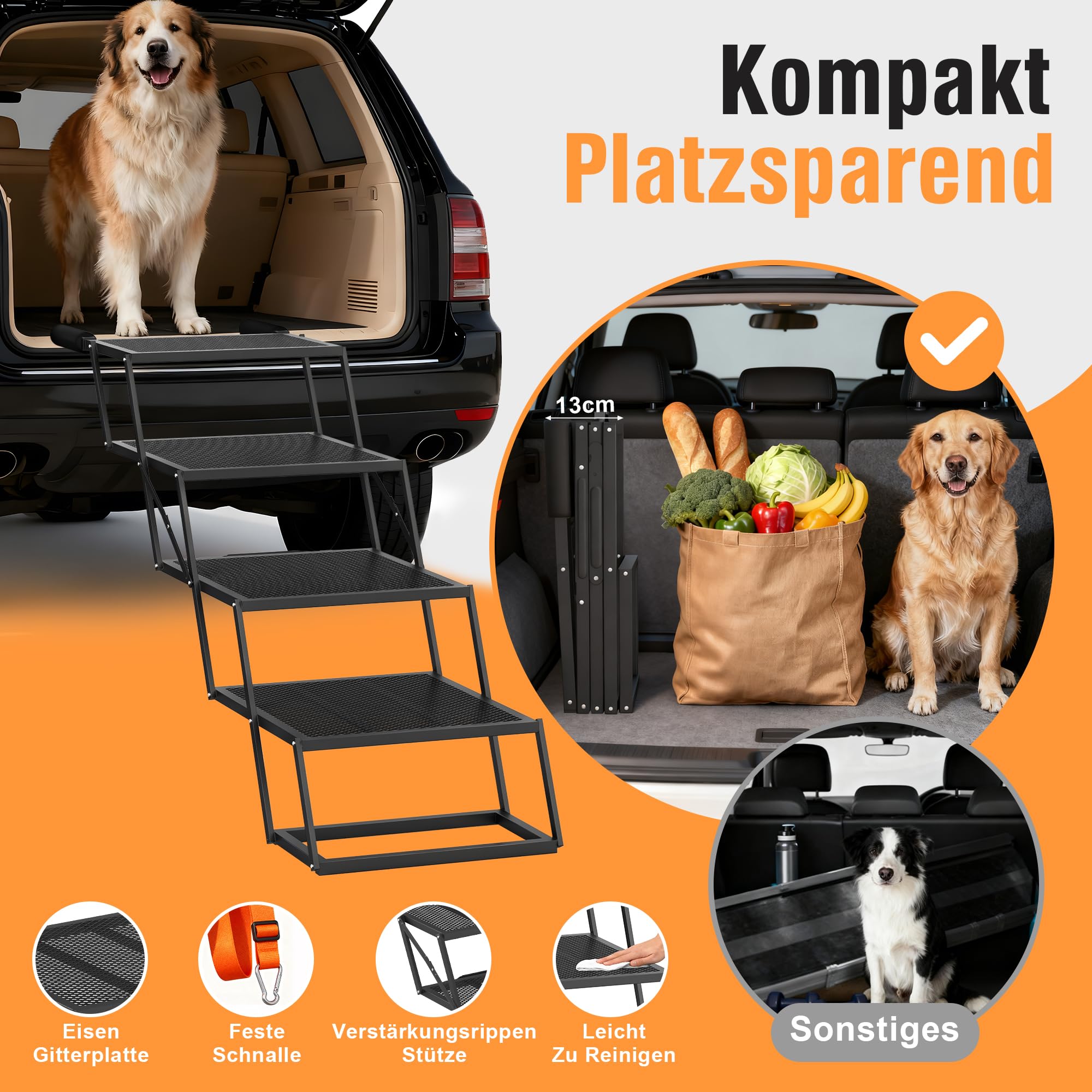 ROTTOGOON Tragbare Haustiertreppe Breite 4-stufige Hunderampe Auto Klappbar | Hundeautotreppe Zusammenklappbare, mit Rutschfester Lochgitterplatte, aus Leichtem Eisen für Auto SUV und LKW