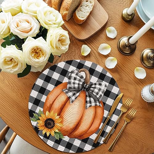 Bow Pumpkin Fall Round Table placemats Set of 4 Farmhouse Sunflower Washable Wov