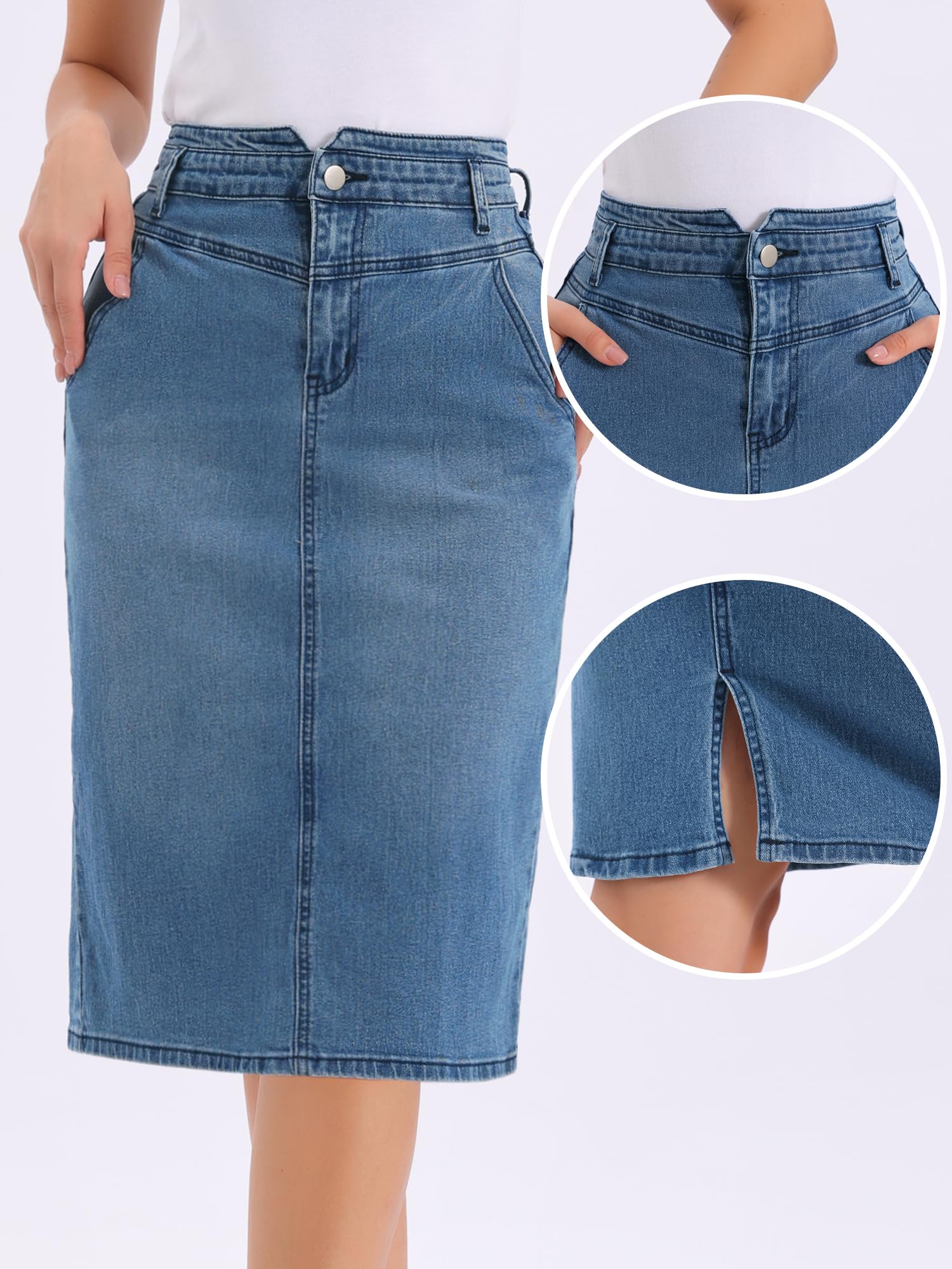 Allegra K Jeansrock für Damen Stretch Kniebedeckt Denimrock | Hohe Taille mit Hintenem Schlitz 2 Taschen Vielseitig für Lässigen Alltag Klassisches Styling