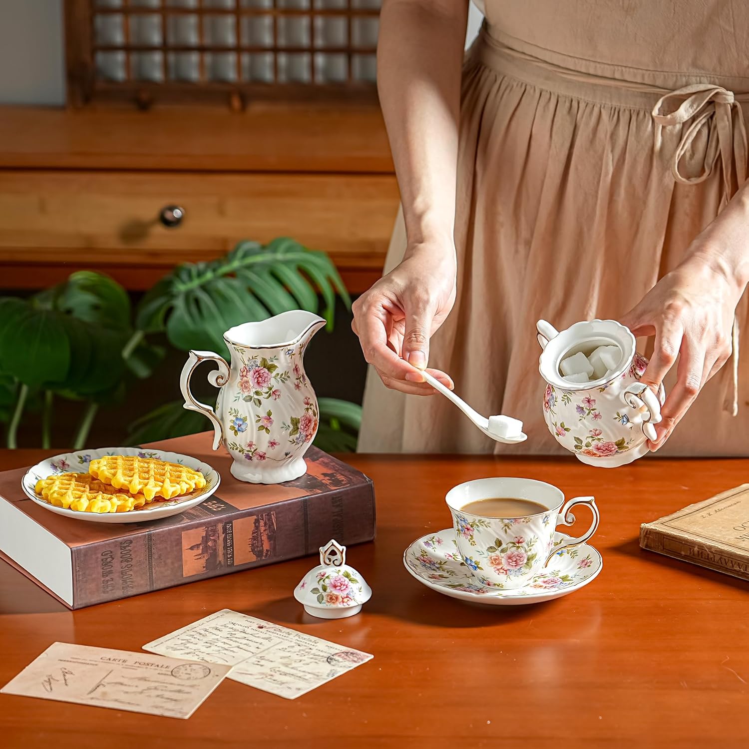 Tea Set 21-Piece Ceramic tea cups and saucers set of 6 with Sugar and Creamer Set,Teapot,teapot set for Adults, Women Tea Party (small crushed flower) - Image 4