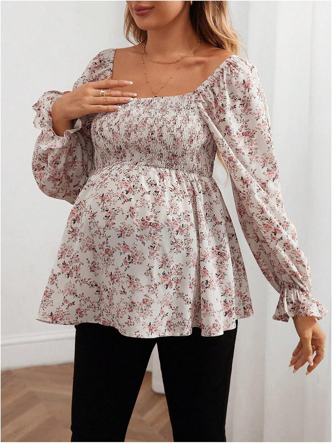 MakeMeChic Women's Maternity Blouse Floral Square Neck Ruffle Sleeve Shirts Peplum Shirred Business Office Work Tops - Image 3