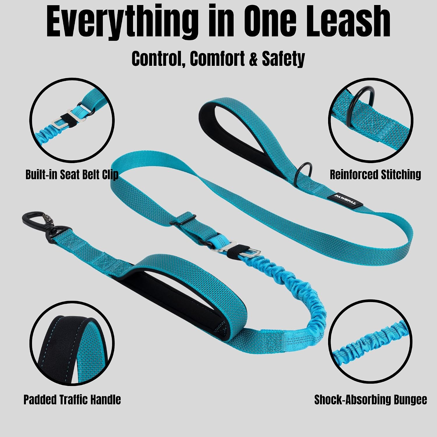 4–6 FT Adjustable Dog Leash – Heavy-Duty Carabiner, Starlight Reflective, Shock-Absorbing Bungee, Dual Padded Handles, Seat Belt Clip for Training, Walking & City Control (Aqua Blue)