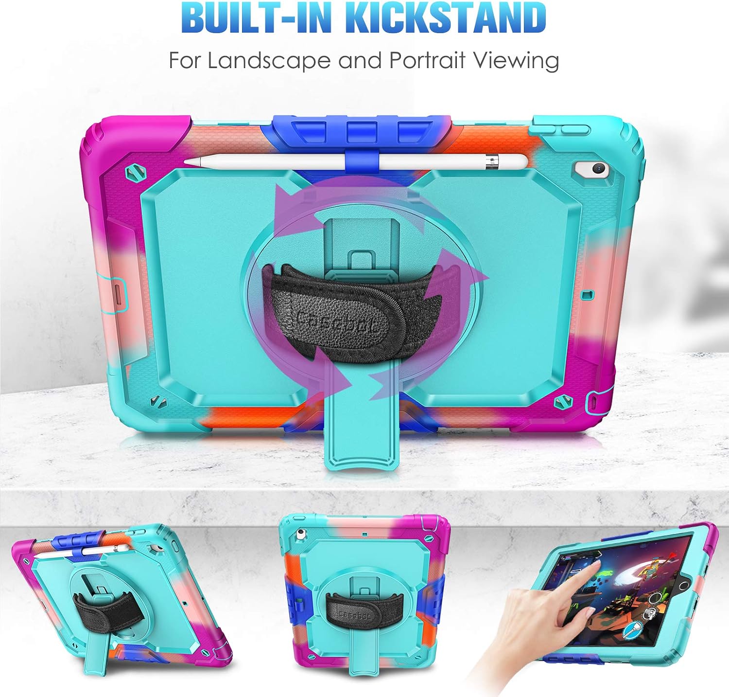 CaseBot Case for iPad 8th Generation 2020 / 7th Gen 2019 10.2 with Screen Protector, [360° Rotating Kickstand] Rugged Heavy Duty Hybrid Shockproof Cover with Hand Shoulder Strap, Pencil Holder (Blue)