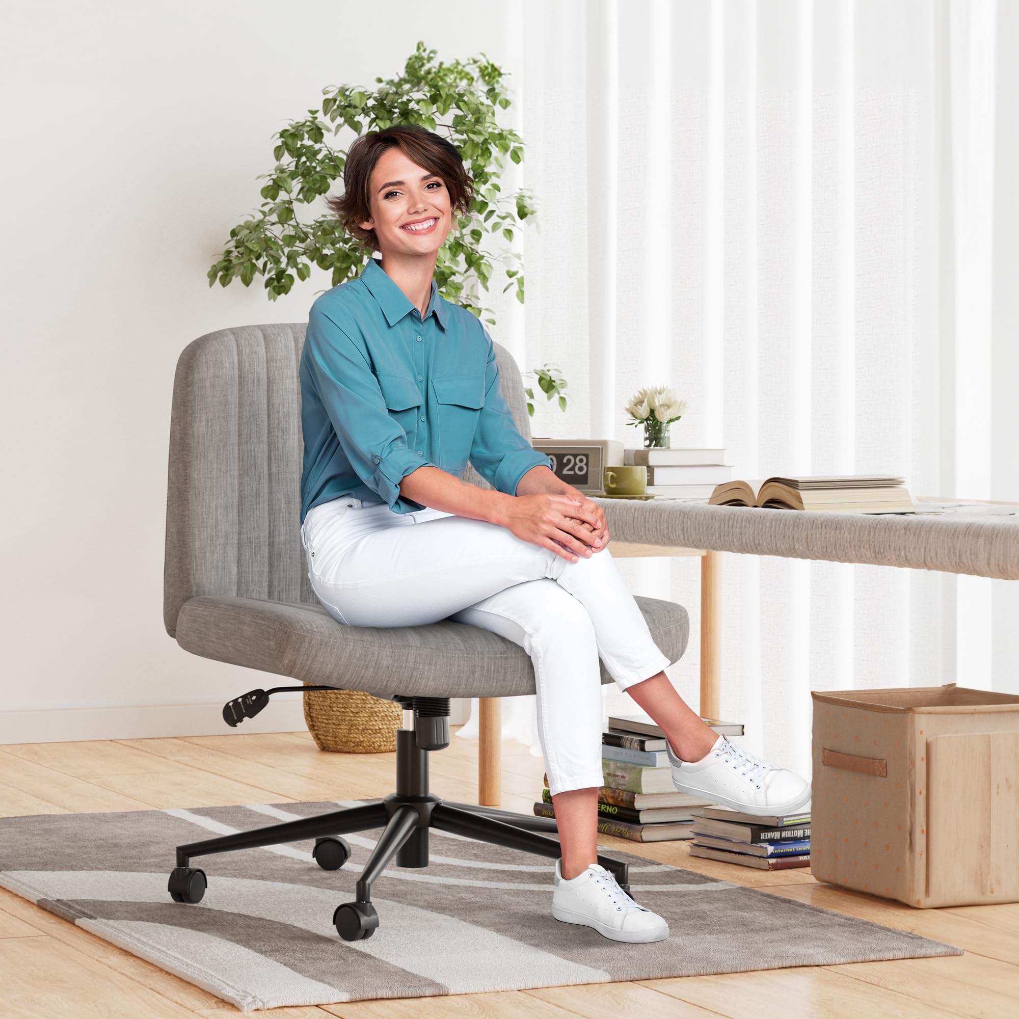 Fiona's magic Bürostuhl ohne Armlehnen, Drehstuhl mit Rollen, Höhenverstellbar Schreibtischstuhl, Lesesessel mit Breiterem für Haus, Wohnzimmer, Schminktisch, Grau