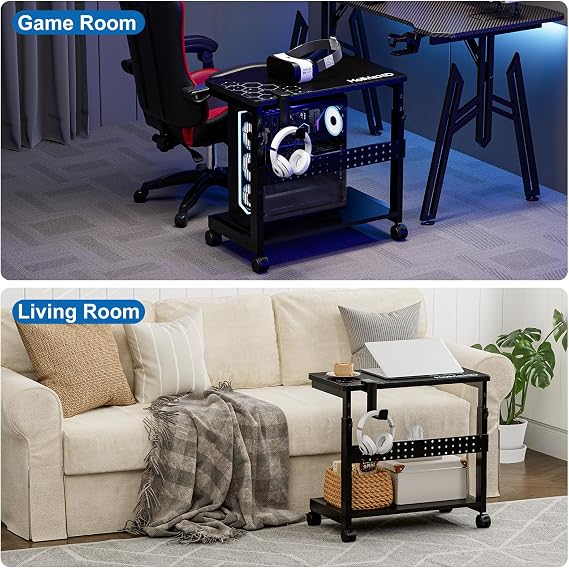 Height Adjustable Computer Tower Stand, 2-Tier ATX-Case CPU Holder with Mouse Pad & Headphone Stand, Mobile PC Standing Under Desk, Home Office Gaming Accessories, Computer Cart Wheels, Black