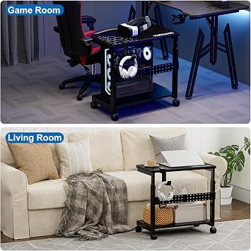 Height Adjustable Computer Tower Stand, 2-Tier ATX-Case CPU Holder with Mouse Pad & Headphone Stand, Mobile PC Standing Under Desk, Home Office Gaming Accessories, Computer Cart Wheels, Black