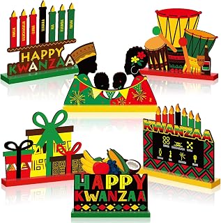 6 Pcs Kwanzaa Table Centerpiece Wooden Signs Decorations African Heritage Tiered Tray Decor Happy Kwanzaa Candles Table Topper for Home Holiday Party Supplies