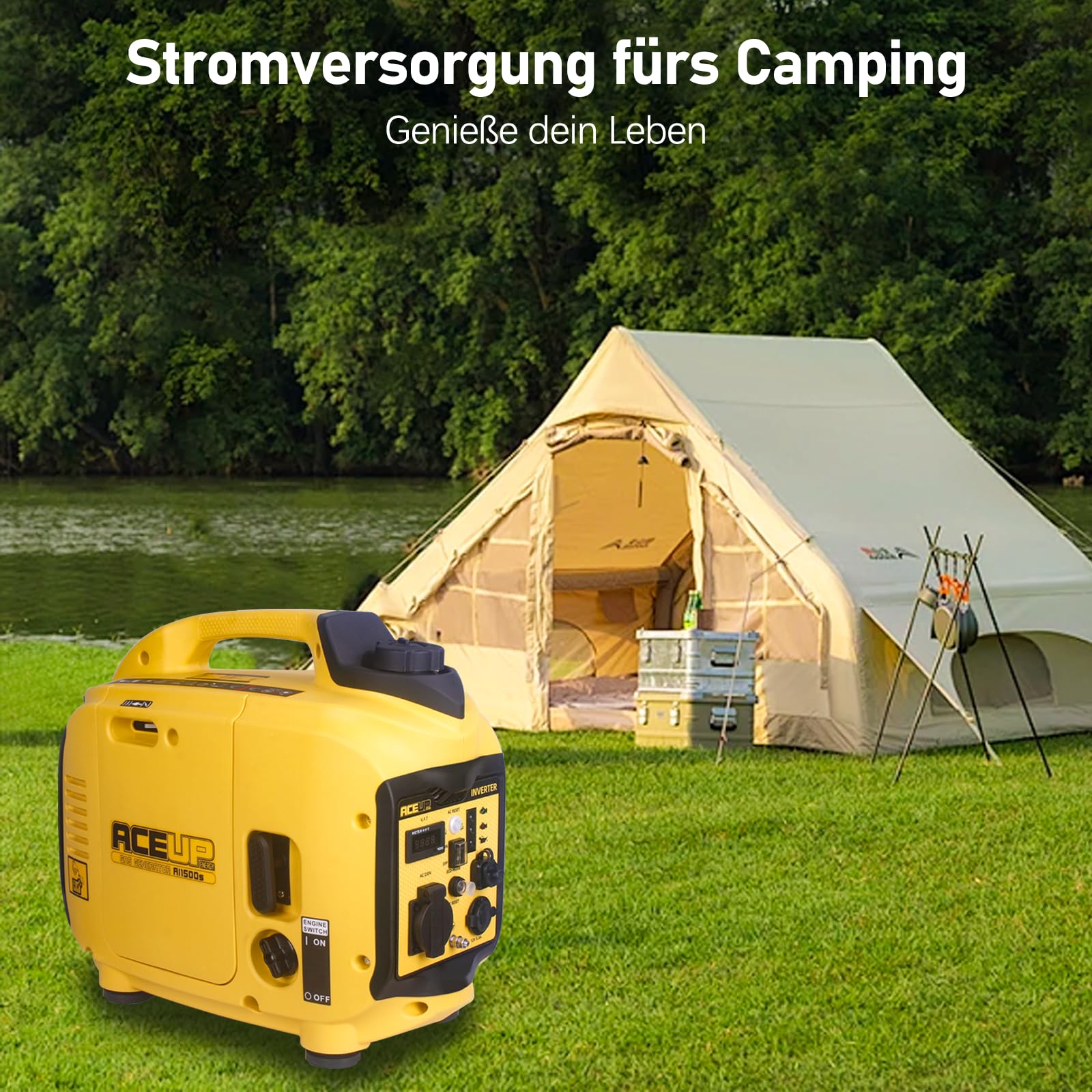 Aceup Energy Generador de energía inversor, 1300 vatios, energía de emergencia, silencioso, gasolina, generador de energía, luz, con USB, 230 V, 12 V tomas de corriente para camping
