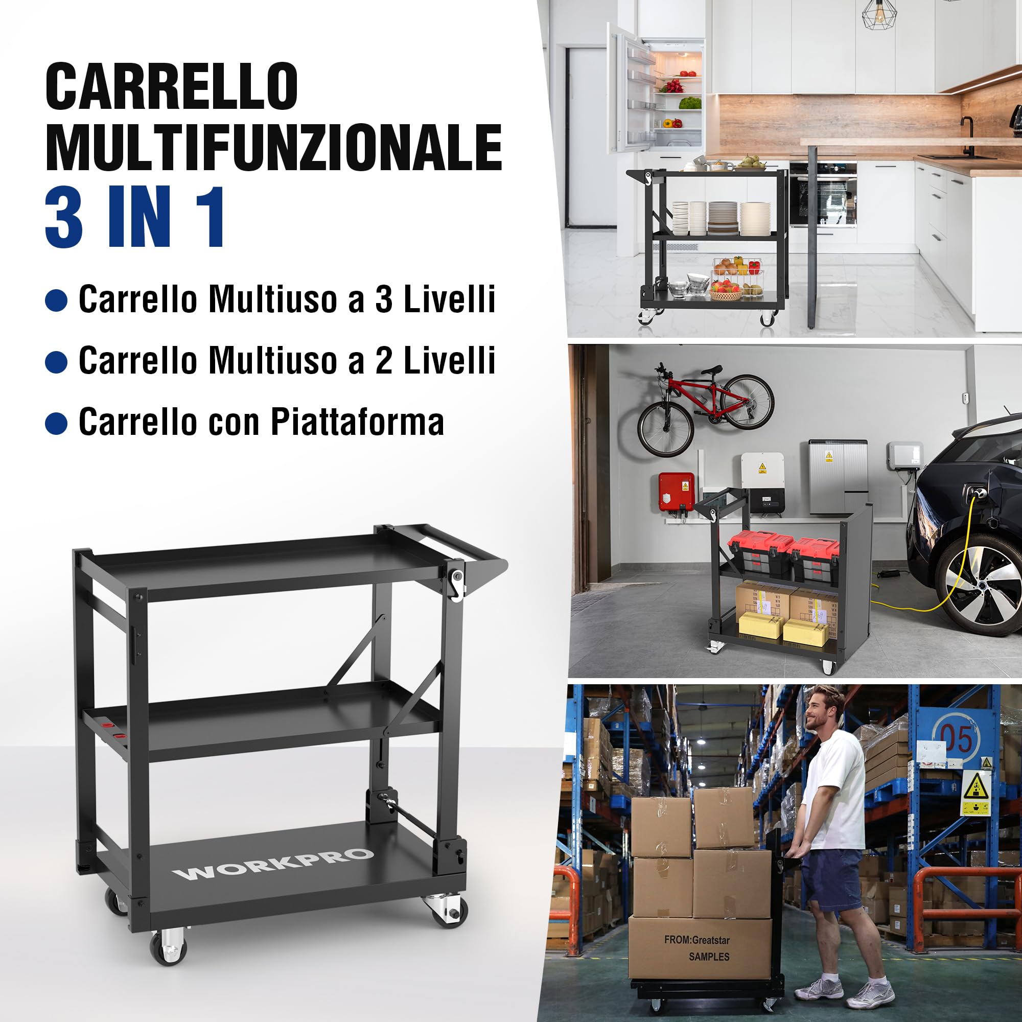 WORKPRO 3-IN-1 Carrello Porta Attrezzi con Ruote Portatutto a 3 Ripiani, Carrello Officina multifunzione carico di 135 kg con 4 Ruote (2 con Freno) Ideale per garage, magazzini, uffici, cucine