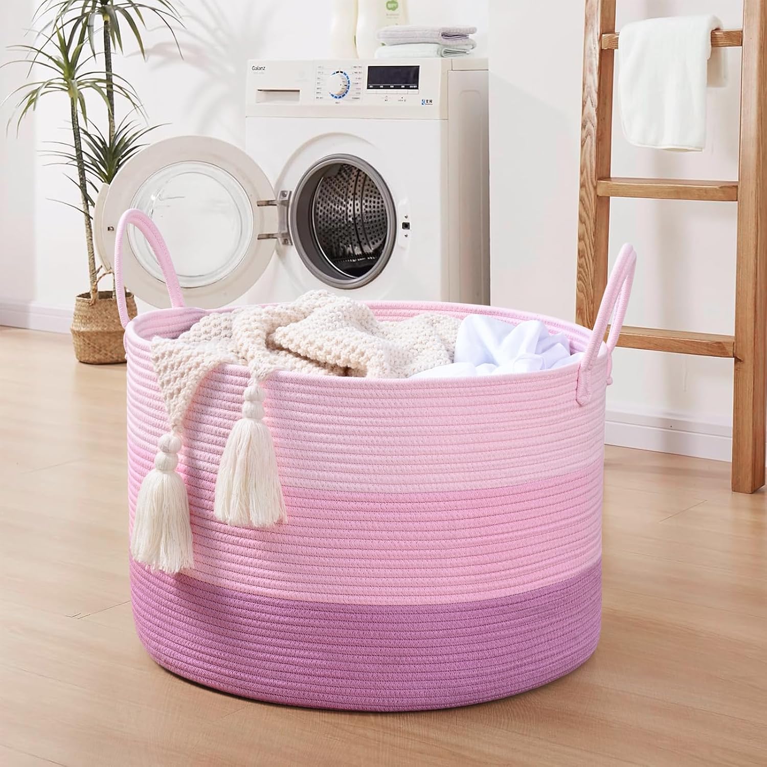 Blanket Basket Living Room, 67L Large Round Storage Basket, Cotton Rope Laundry Baskets & Toy Storage Organizer for Nursery, Bedroom, 20"×13", Pink - Image 9