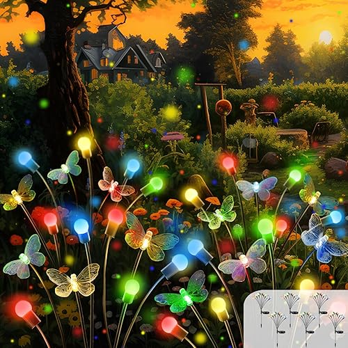 Luces solares de jardín de mariposas (blanco cálido), paquete de 6 luces solares de luciérnaga de mariposa, impermeables, cada 8 luces LED de