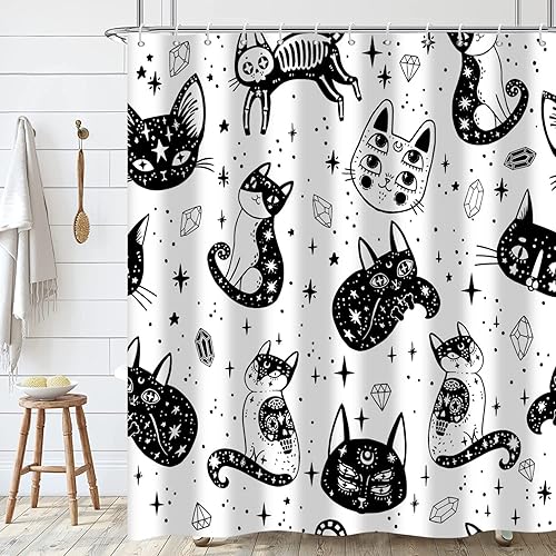 JNWKGN Cortina de ducha en blanco y negro con diseño de gatos de dibujos animados para baño divertida cortina de ducha para bañera moderna ojales