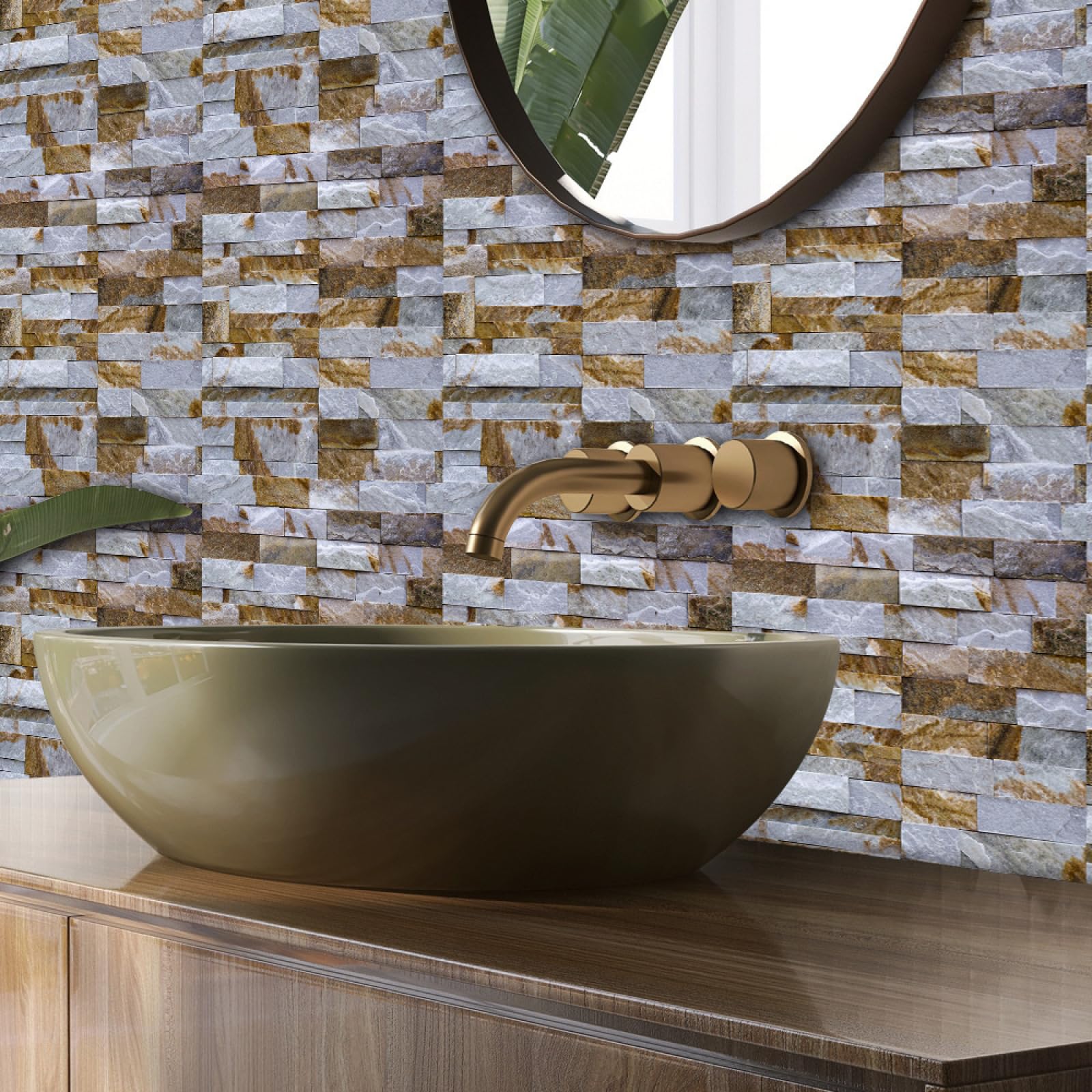 Piastrelle Adesive Cucina Marrone Bianco Pietra Mattone Modello Pavimento pvc Adesivo Mobili Decorazioni Piastrelle Adesive Bagno Impermeabile Resistenza all'olio Mattonelle Adesive
