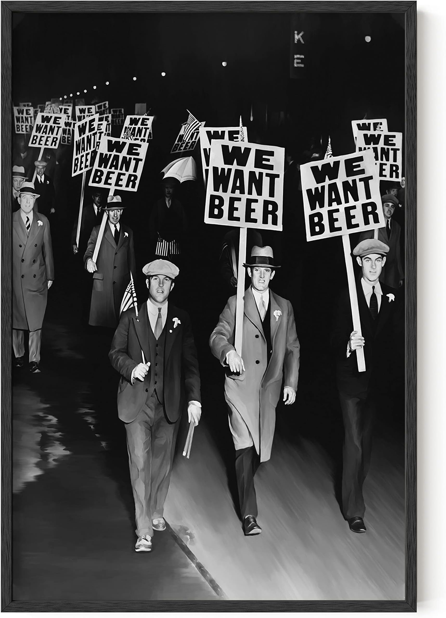 Prohibition Wall Art- We Want Beer Vintage Wall Art, Unique Gift for Men Vintage Wall Decor, Funny Poster Bar Artwork, Black and White Poster Frameable (Beige Frame, 24x36)