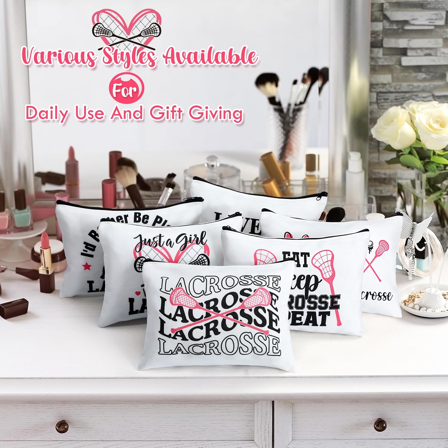 Reginary 12 Pcs Lacrosse Gifts for Women Girls Lacrosse Makeup Bag Zipper Cosmetic Pouch for Sports Players Coach Season Team Gift Party Favors Game Surprises(Classic) - Image 2