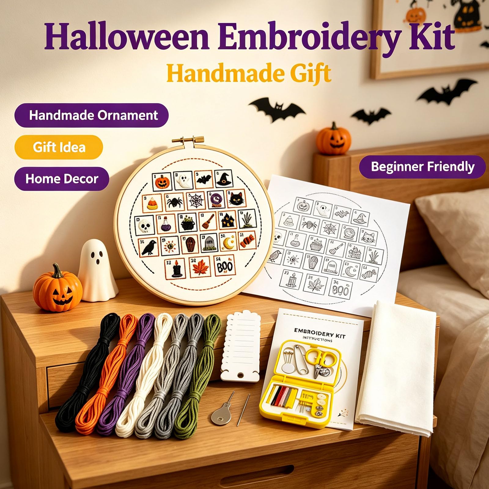 Kit di ricamo del calendario dell'Avvento di Halloween, fatto a mano (2pcs)