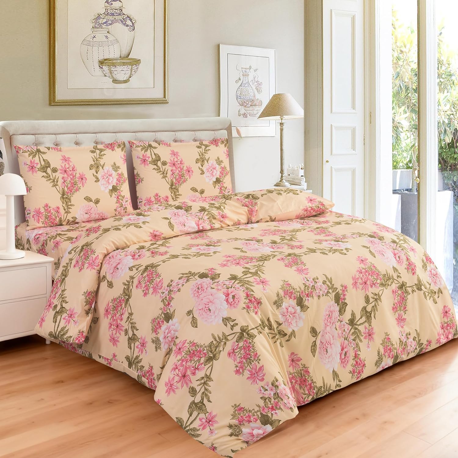 SAIMAZ 4 Piece Printed Bedding Set Duvet Cover, Deep Fitted Sheet & 2 Pillowcases Single, Double, King, Super King Sizes Soft Microfiber, Wrinkle-Resistant (Single, Blossom Peach)