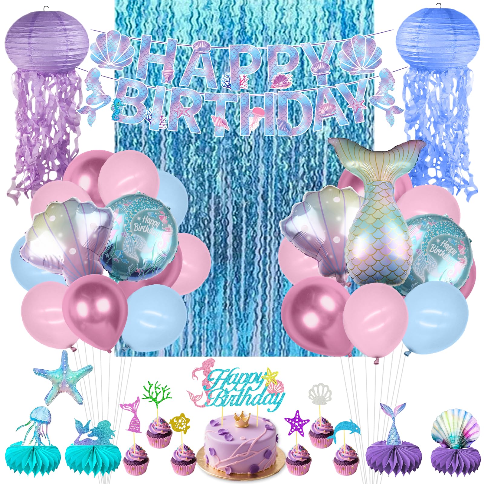 Mermaid Birthday Party Decorations Girls - melody fantasy Mermaid Party Decorations with Happy Birthday Banner Fringe Backdrop Cake Toppers Honeycomb