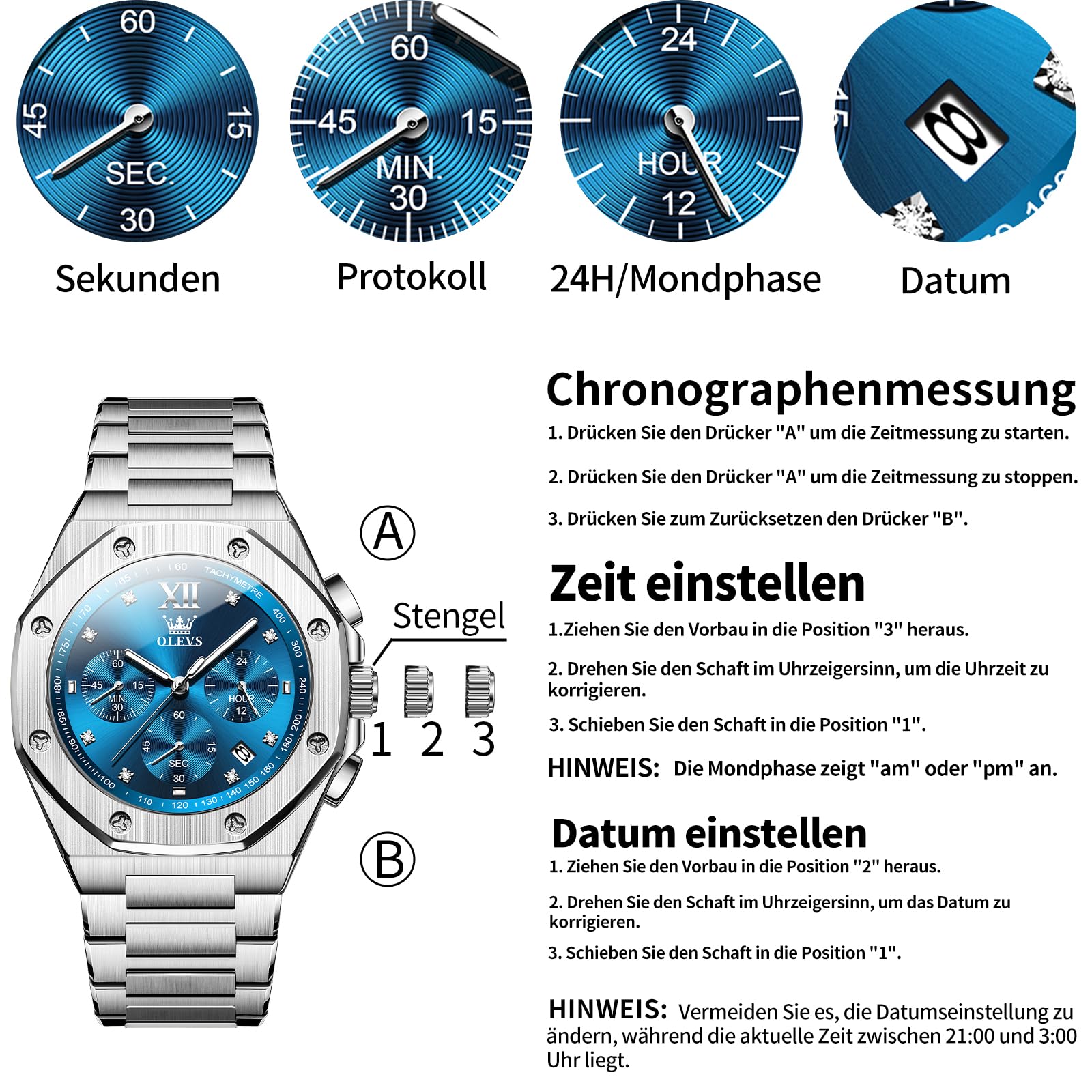 OLEVS Edelstahl Herren Armbanduhr Wasserdicht Leuchtend Großes Zifferblatt Uhren Herren mit Datumsanzeige Schicke Geschenke für Männer
