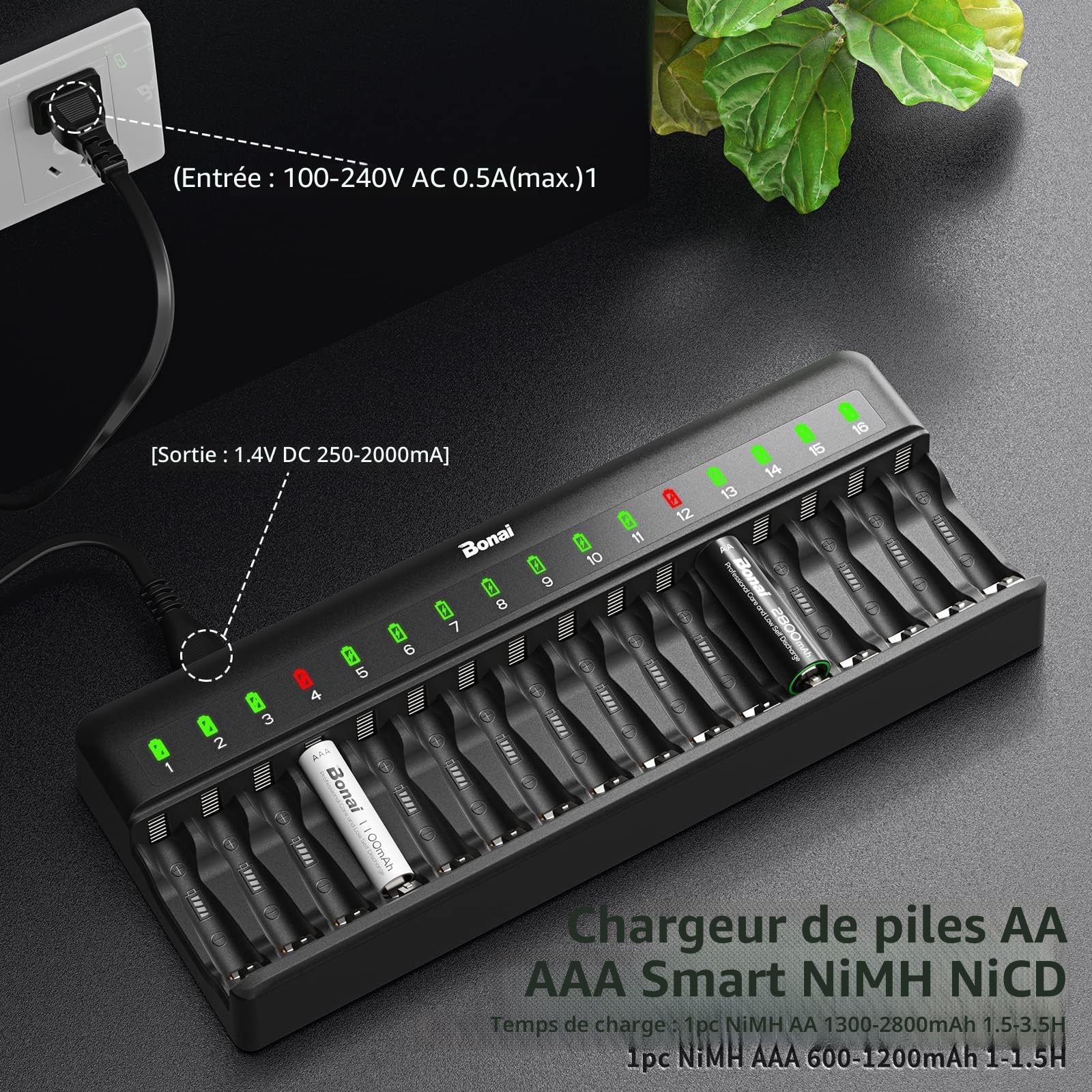 BONAI Chargeur Piles Rechargeable 16 Slots, pour AA/AAA Ni-MH, Contrôle Indépendant par Slot, LED Intelligente, Détection Automatique des Piles Non-Rechargeables, Détection de température Excessive