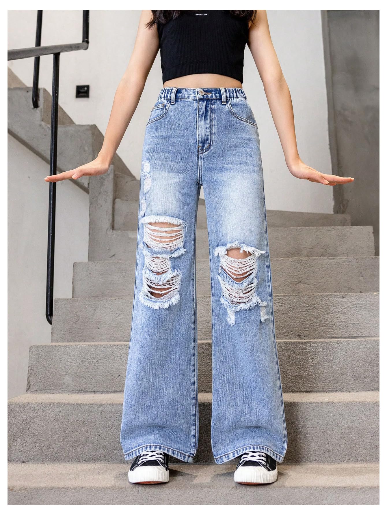 Floerns Pantalones de mezclilla elásticos de cintura alta para niña, rasgados, holgados, pierna ancha, desgastados
